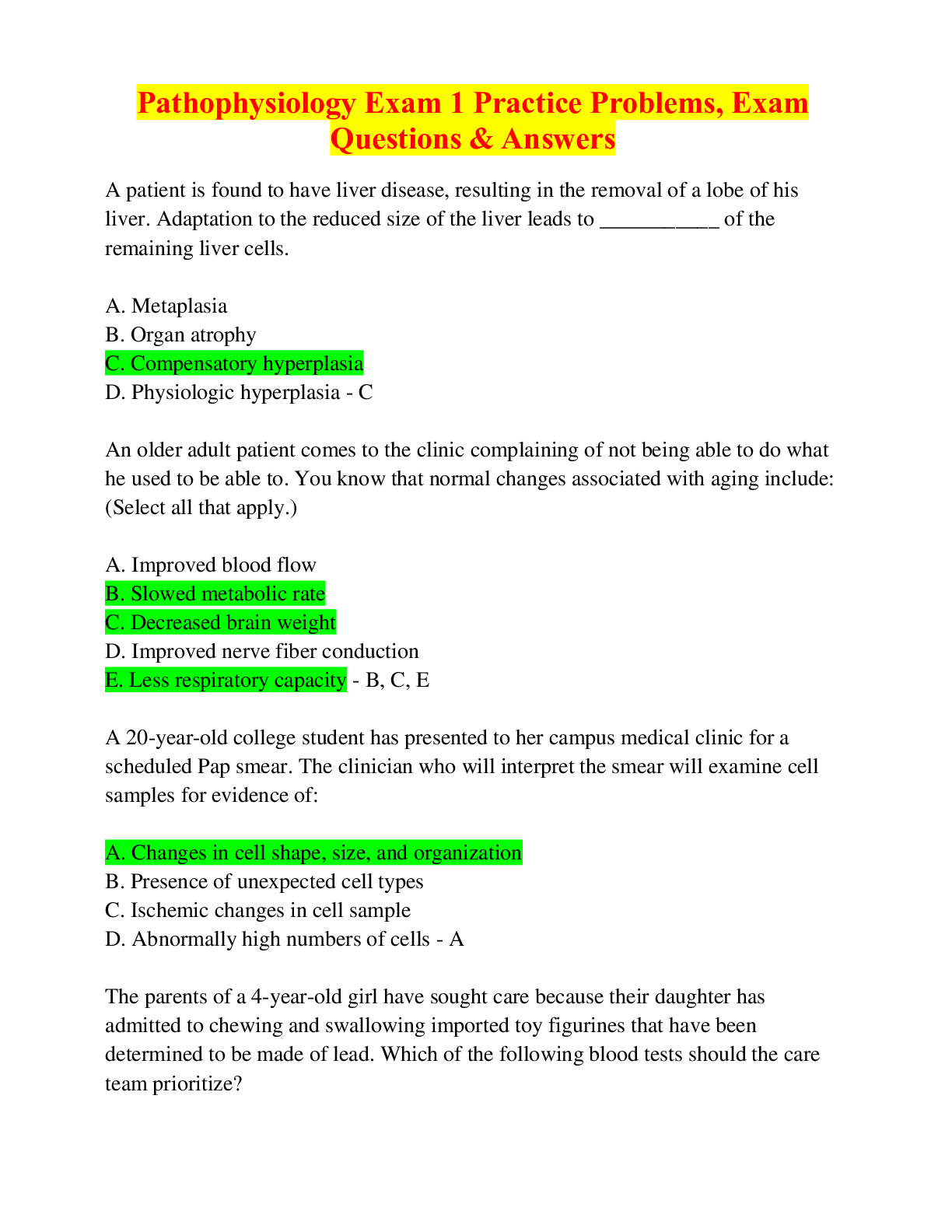 Pathophysiology Exam 1 Practice Problems, Exam Questions & Answers